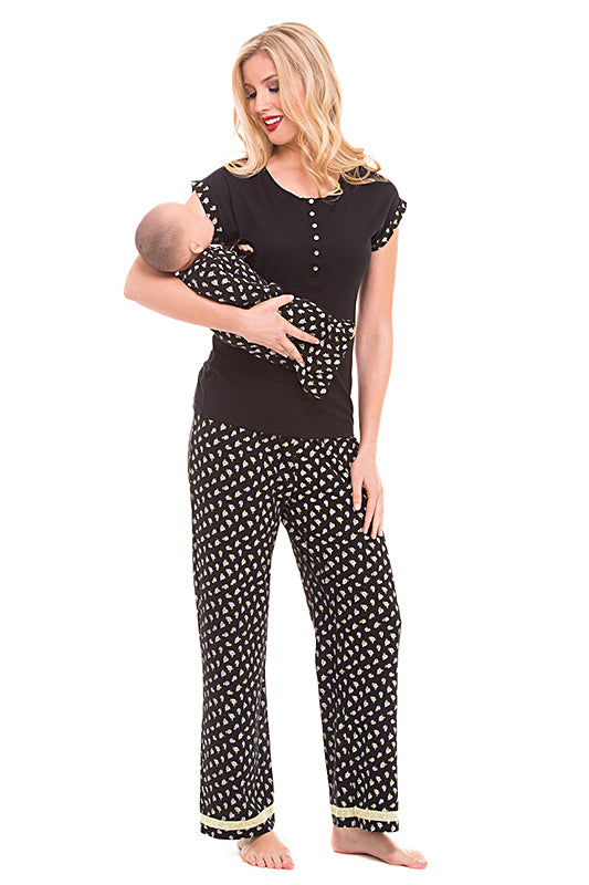 Olian Maternity Black Rose Nursing 3 Piece Pajama Set - tummystyle.com